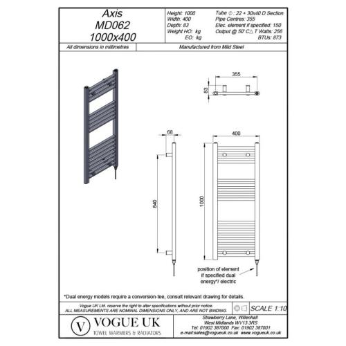 Vogue Axis 1000 x 400mm Straight Ladder Towel Rail Heating Only Chrome 873BTU MD062 MS10040CP